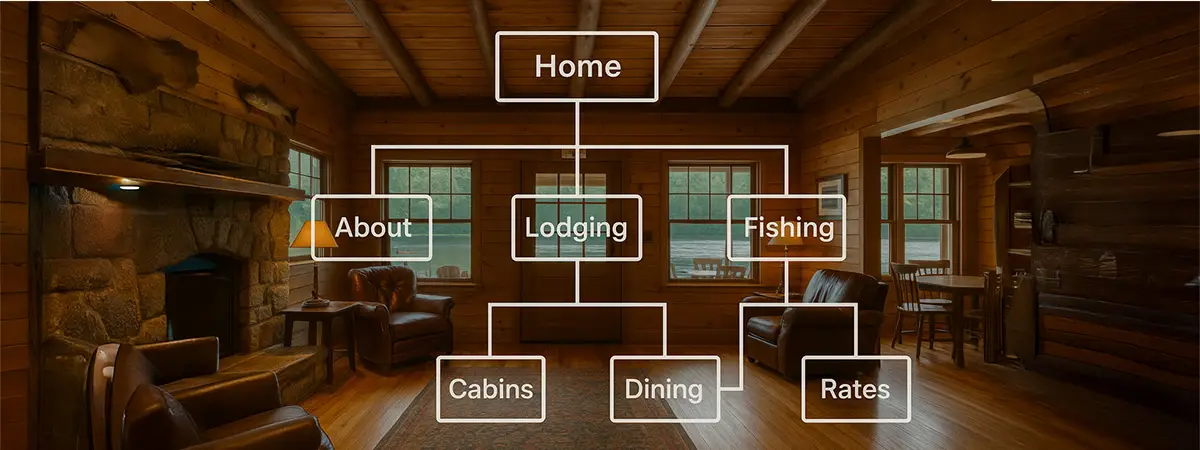 Rustic fishing lodge interior with overlay of digital sitemap structure