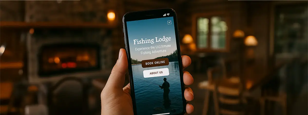 Person holding a smartphone displaying a fishing lodge website