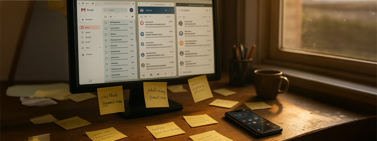 A cluttered desk with a monitor showing multiple email inboxes, sticky notes with email addresses, a smartphone, and warm golden-hour lighting.