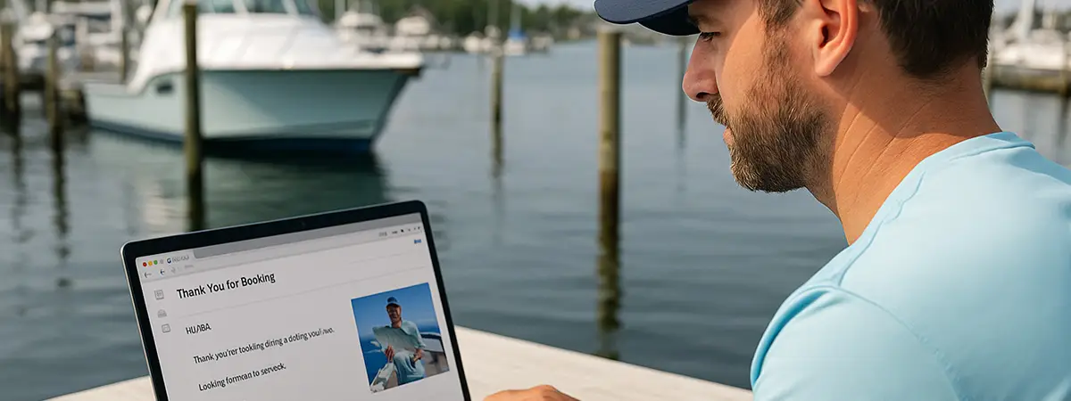 Fishing guide at a marina sends a thank-you email with trip photos from his laptop
