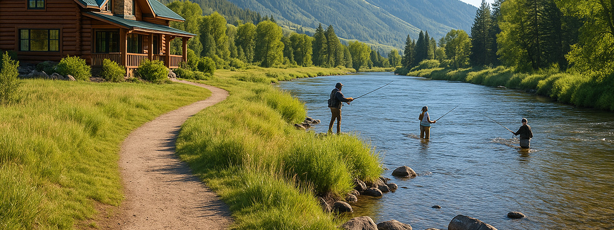 Dirt path leading from fishing lodge to river with anglers downstream