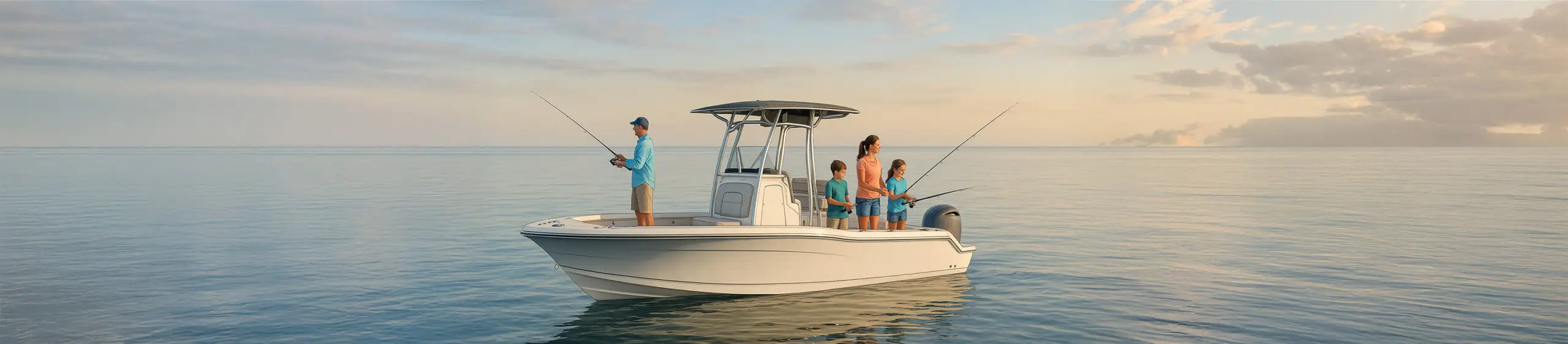 Family fishing from a center console boat in calm coastal waters