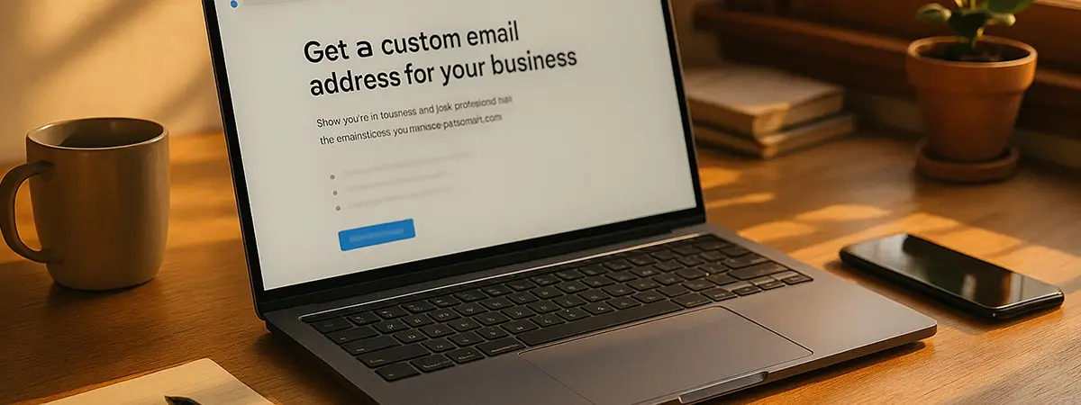 A laptop on a tidy desk at golden hour showing a custom business email setup screen, with a coffee mug, notepad, pen, and potted plant nearby.