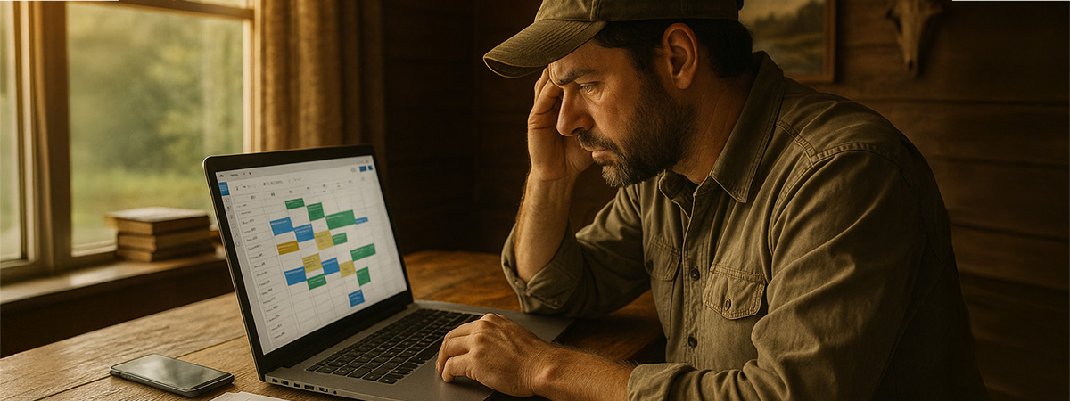 Fly fishing guide sitting at rustic desk, frustrated while organizing a full schedule on a laptop calendar, with papers and phone nearby.