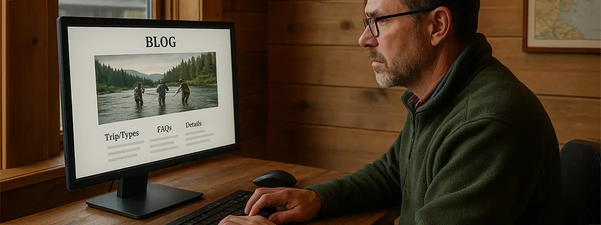Lodge owner updating fishing website content at rustic desk