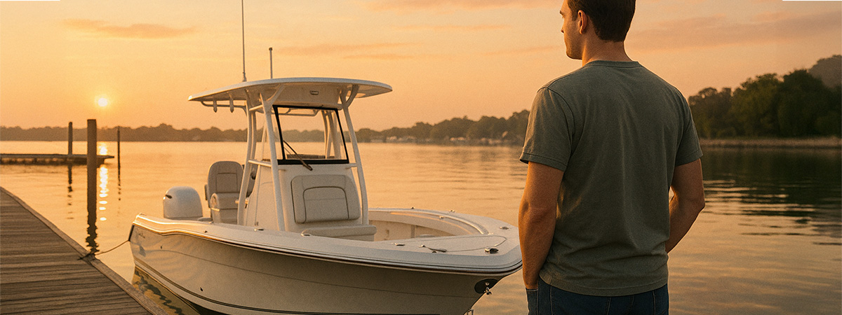 Man standing on a dock imagining life with a new center console boat