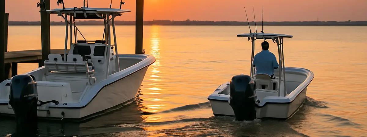Charter boat pulling away from the dock at sunrise while others stay behind