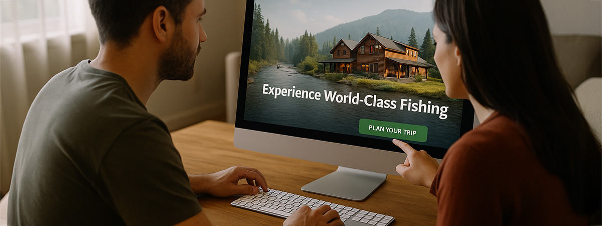 Couple browsing fishing lodge website and clicking plan your trip CTA