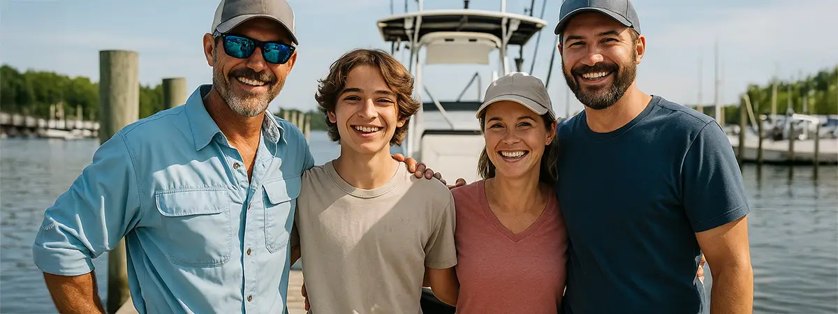 Fishing guide smiling with a happy client family after a trip