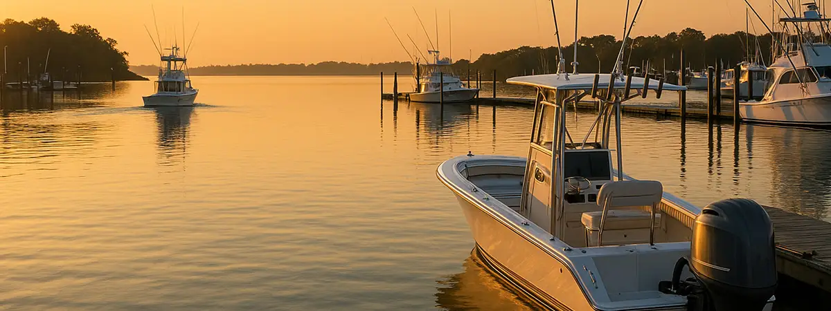 Charter boat alone at the dock at sunrise as others head out