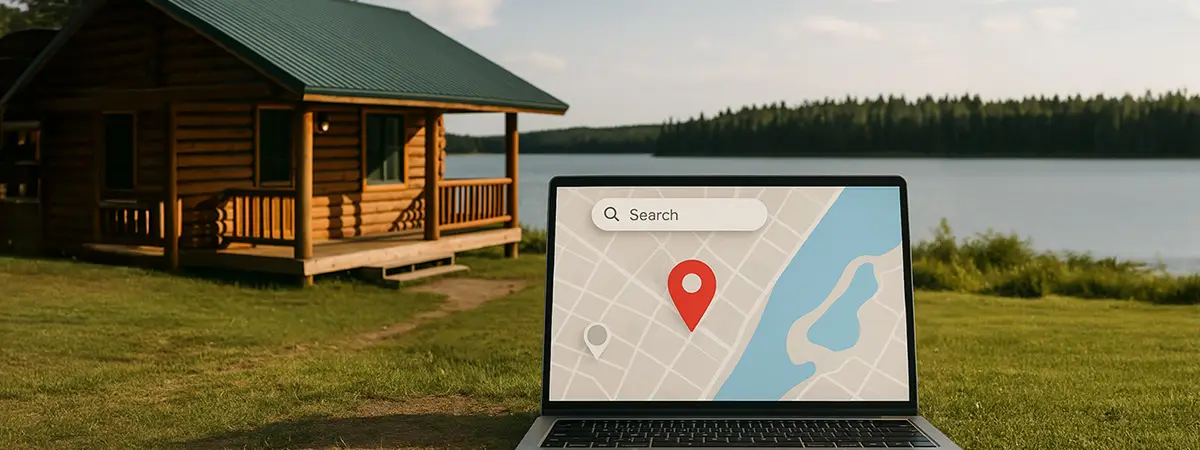 Lakeside fishing lodge with digital map search overlay