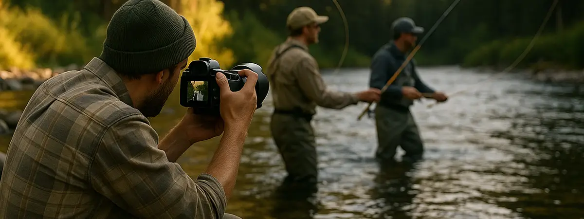 Photographer capturing fly anglers in a scenic mountain stream