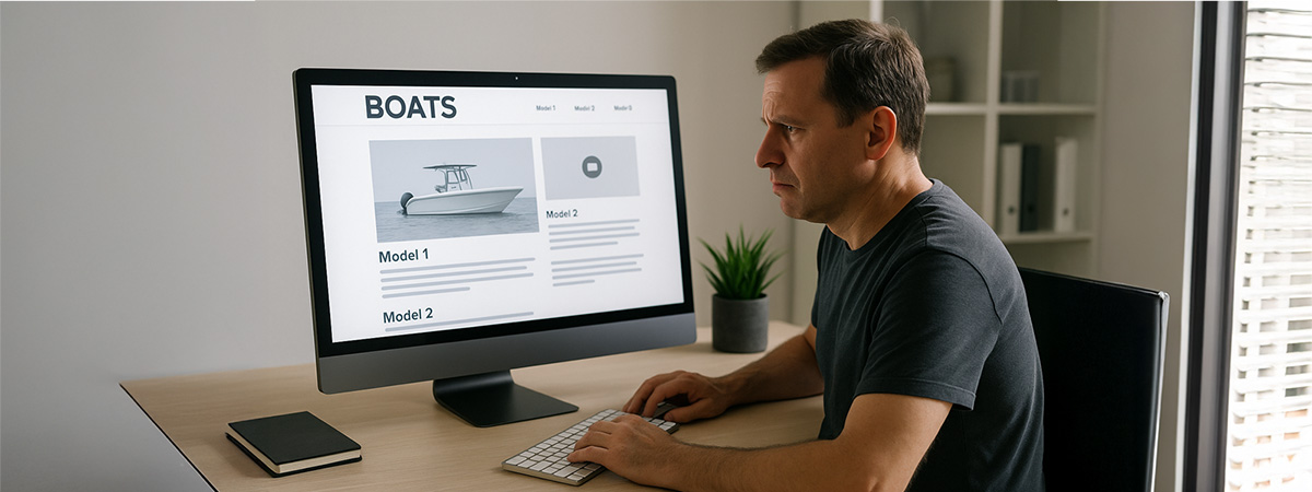 Man looking concerned while reviewing outdated boat website content