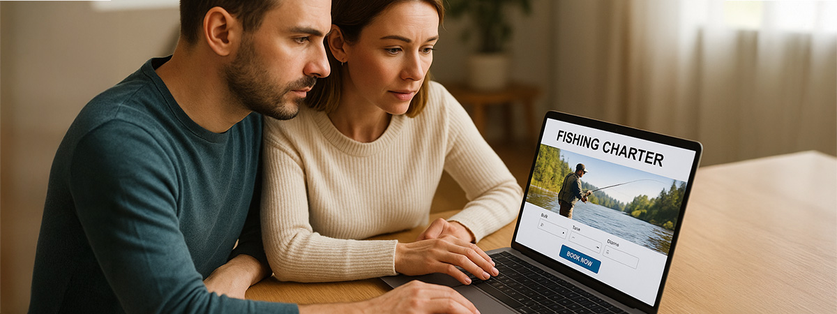 Man and woman sitting together at a table, focused on booking a fishing charter online using a laptop with a scenic angler photo on screen.