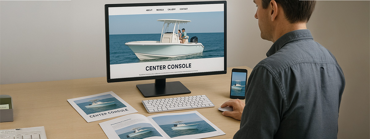 Marketing content for a center console boat shown across print, web, and mobile