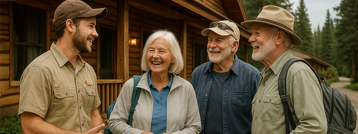 Lodge staff chatting with guests at checkout