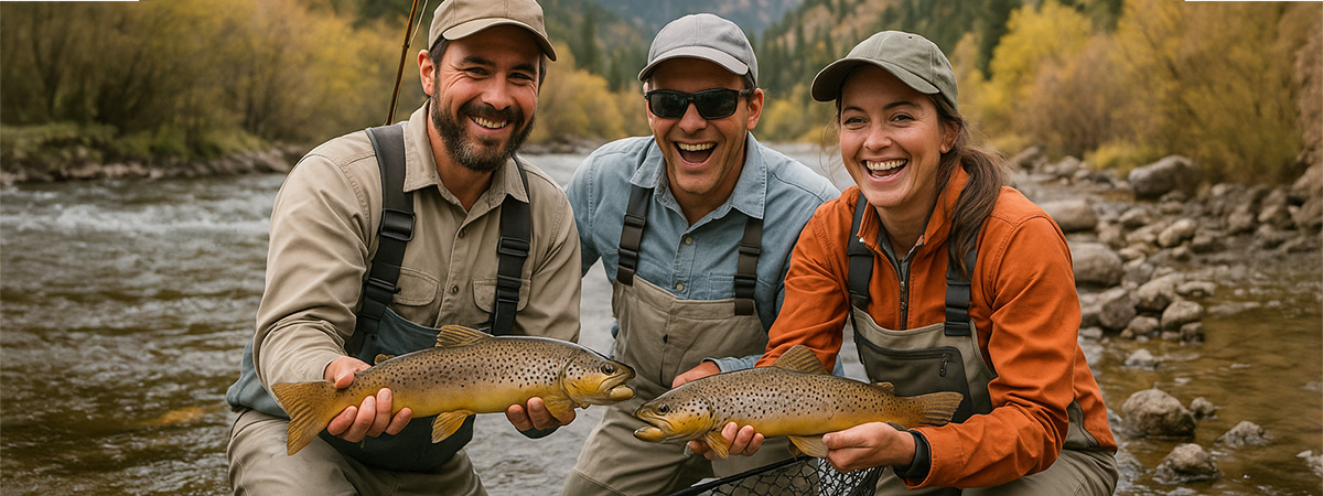 Fishing guide and repeat clients smiling with trout by a mountain stream