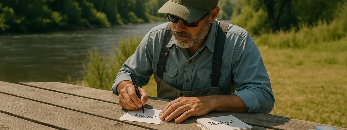 Fishing guide hand-writing thank you notes at riverside picnic table