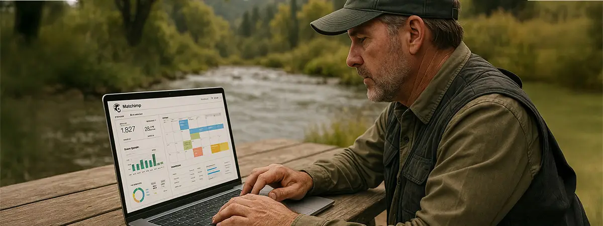 Fishing guide using email marketing dashboard on laptop outdoors