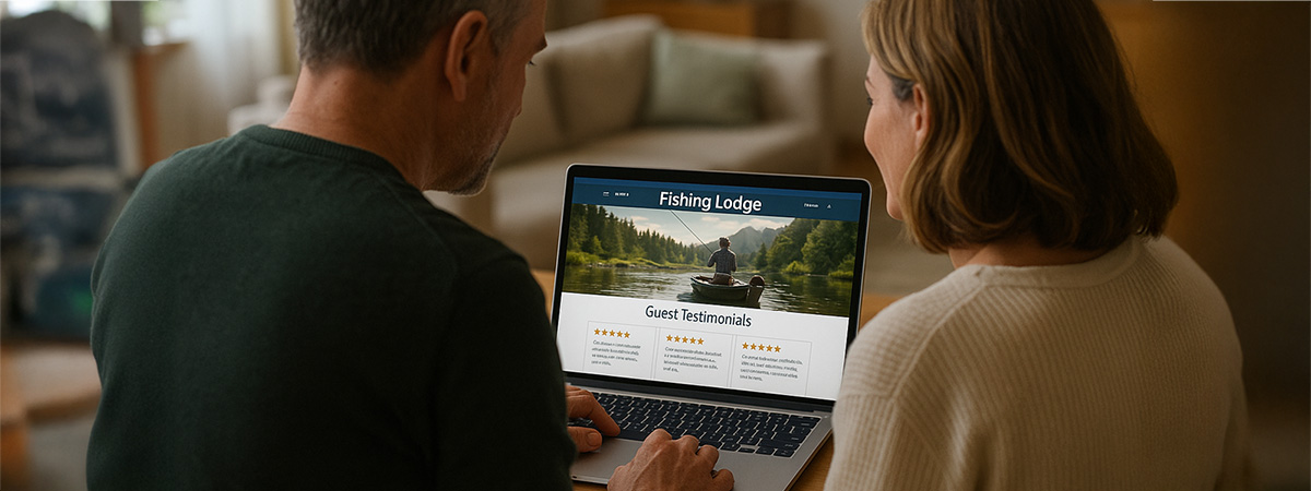 Couple reading fishing lodge reviews at home