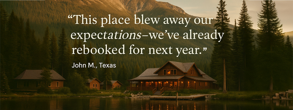 Fishing lodge guest testimonial with scenic lake and cabin backdrop