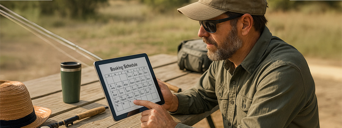 Fishing guide reviewing a fully booked calendar on tablet outdoors